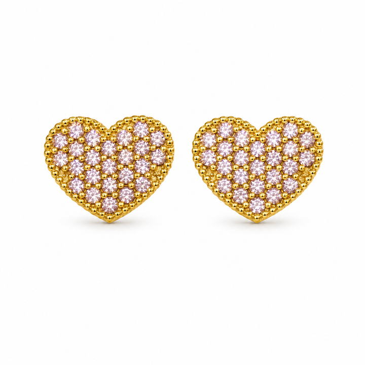 10K Gold Small Pink Bead Heart CZ Earrings — 10K real gold jewelry from STF Diamonds, Los Angeles