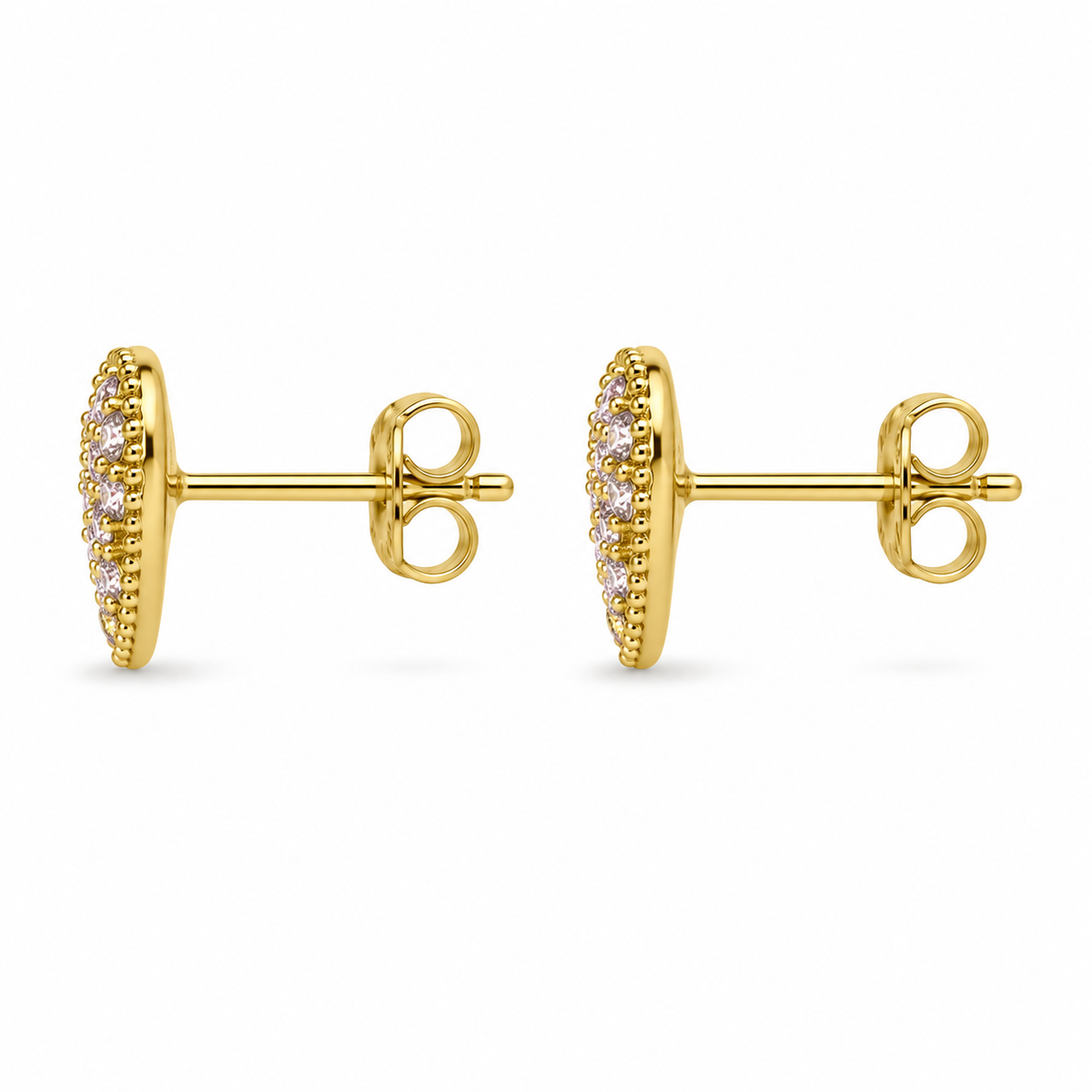10K Solid Yellow Gold Small Pink Bead Heart CZ Earrings - side view
