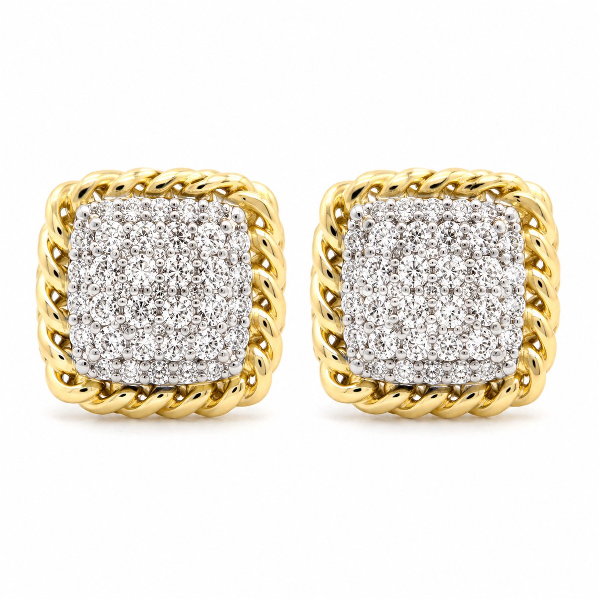 10K Solid Yellow Gold Square Diamond Cuban Frame Stud Earrings - front view