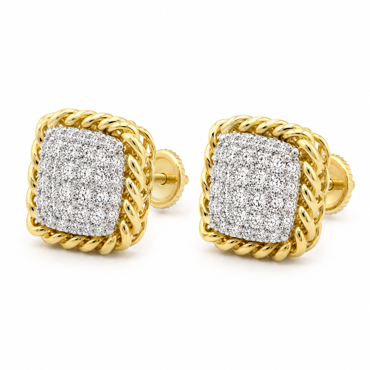 10K Solid Yellow Gold Square Diamond Cuban Frame Stud Earrings - 45 degree view