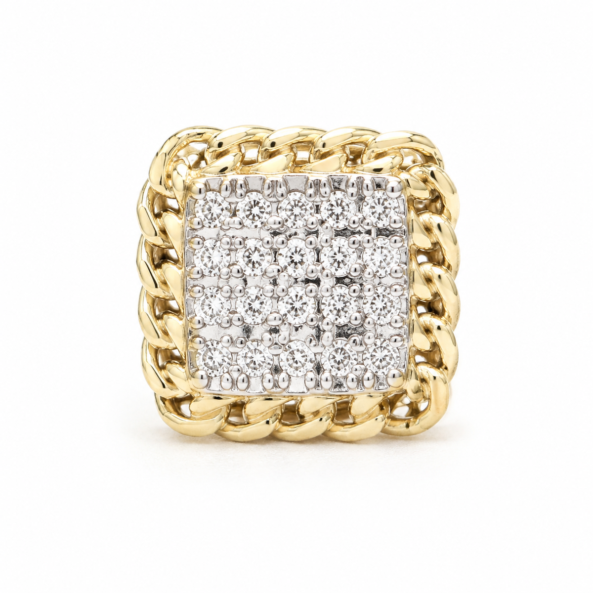 10K Solid Yellow Gold Square Diamond Cuban Frame Stud Earrings - macro detail
