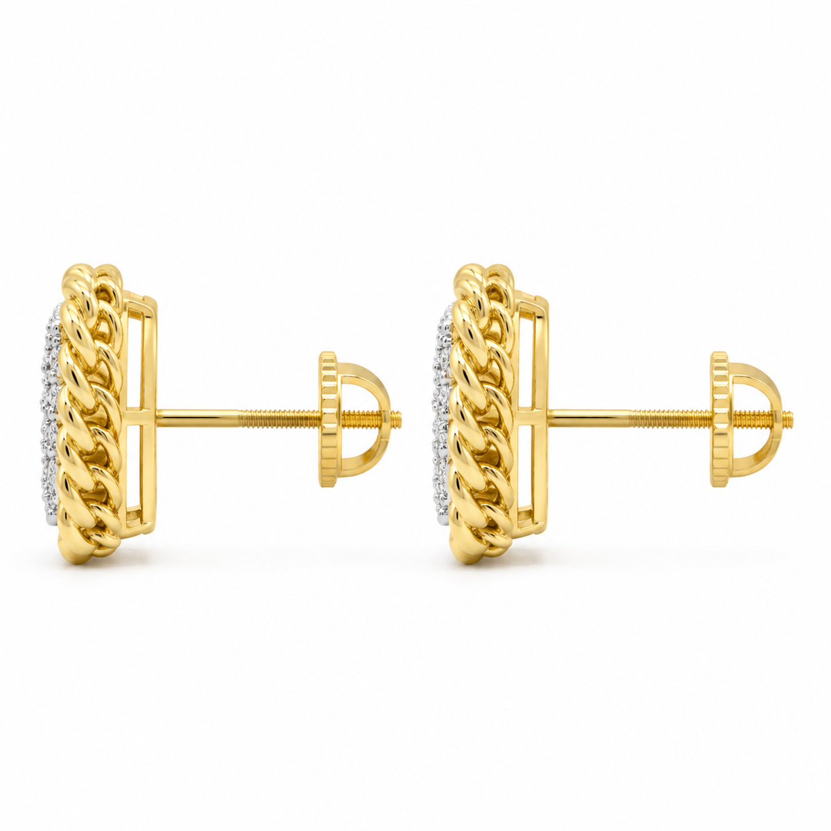 10K Solid Yellow Gold Square Diamond Cuban Frame Stud Earrings - side view