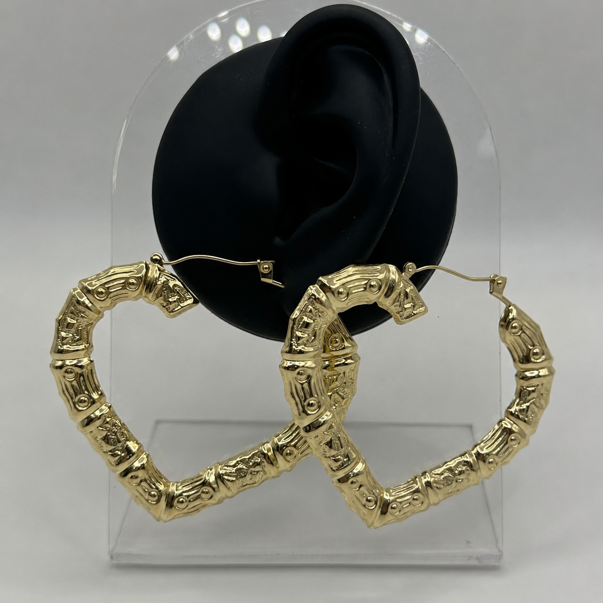 10K Yellow Gold 2.5" Bamboo Heart Hoop Earrings (2.5 inch) - front view