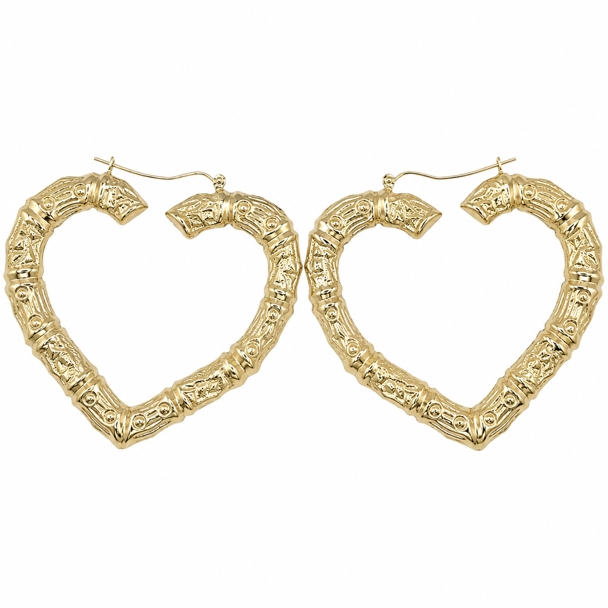 10K Yellow Gold 2.5" Bamboo Heart Hoop Earrings (2.5 inch) - back view
