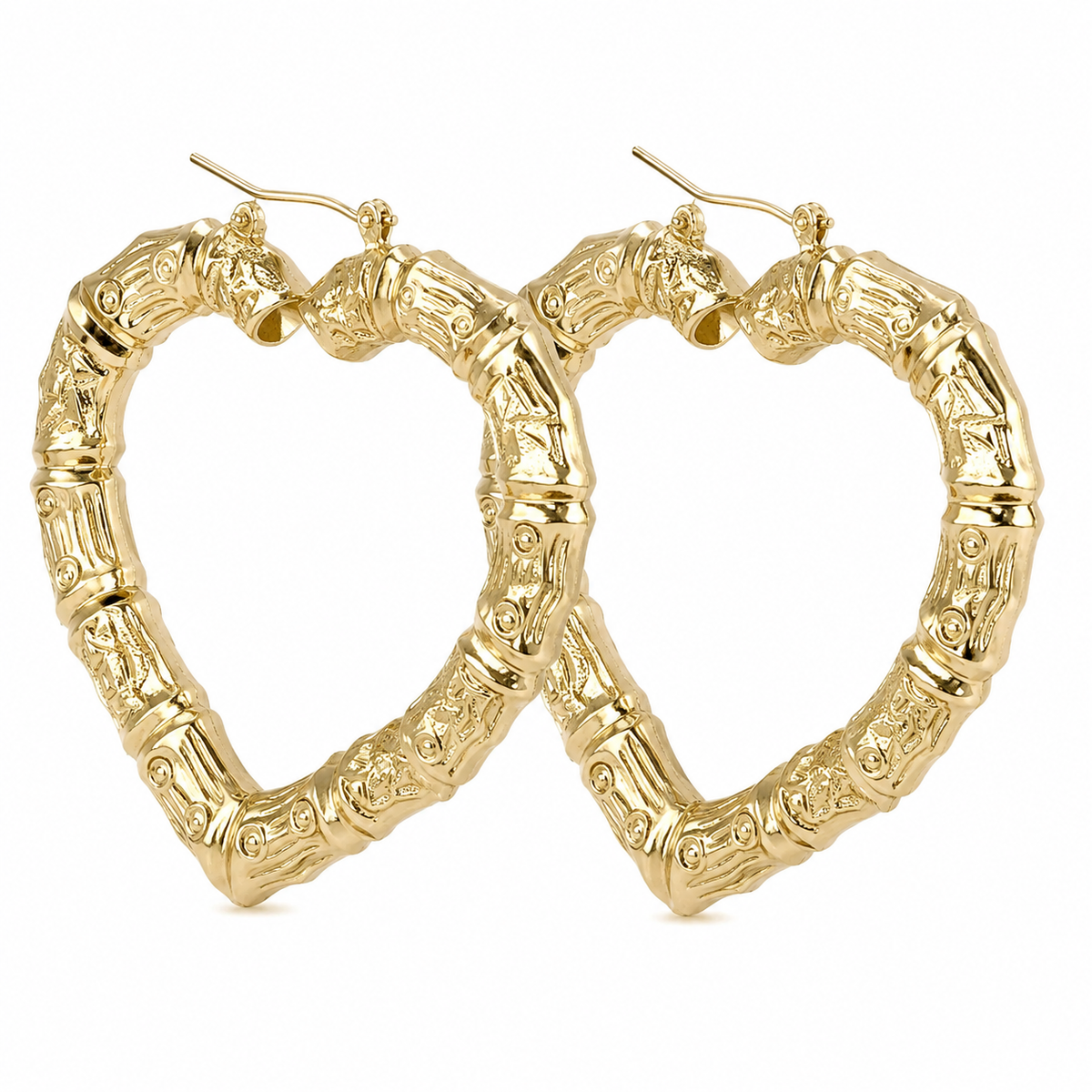 10K Yellow Gold 2.5" Bamboo Heart Hoop Earrings (2.5 inch) - side view