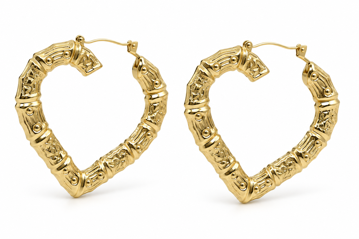 10K Yellow Gold 2.5" Bamboo Heart Hoop Earrings (2.5 inch) - 45 degree view