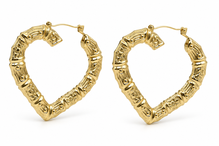 10K Yellow Gold 2.5" Bamboo Heart Hoop Earrings (2.5 inch) - 45 degree view