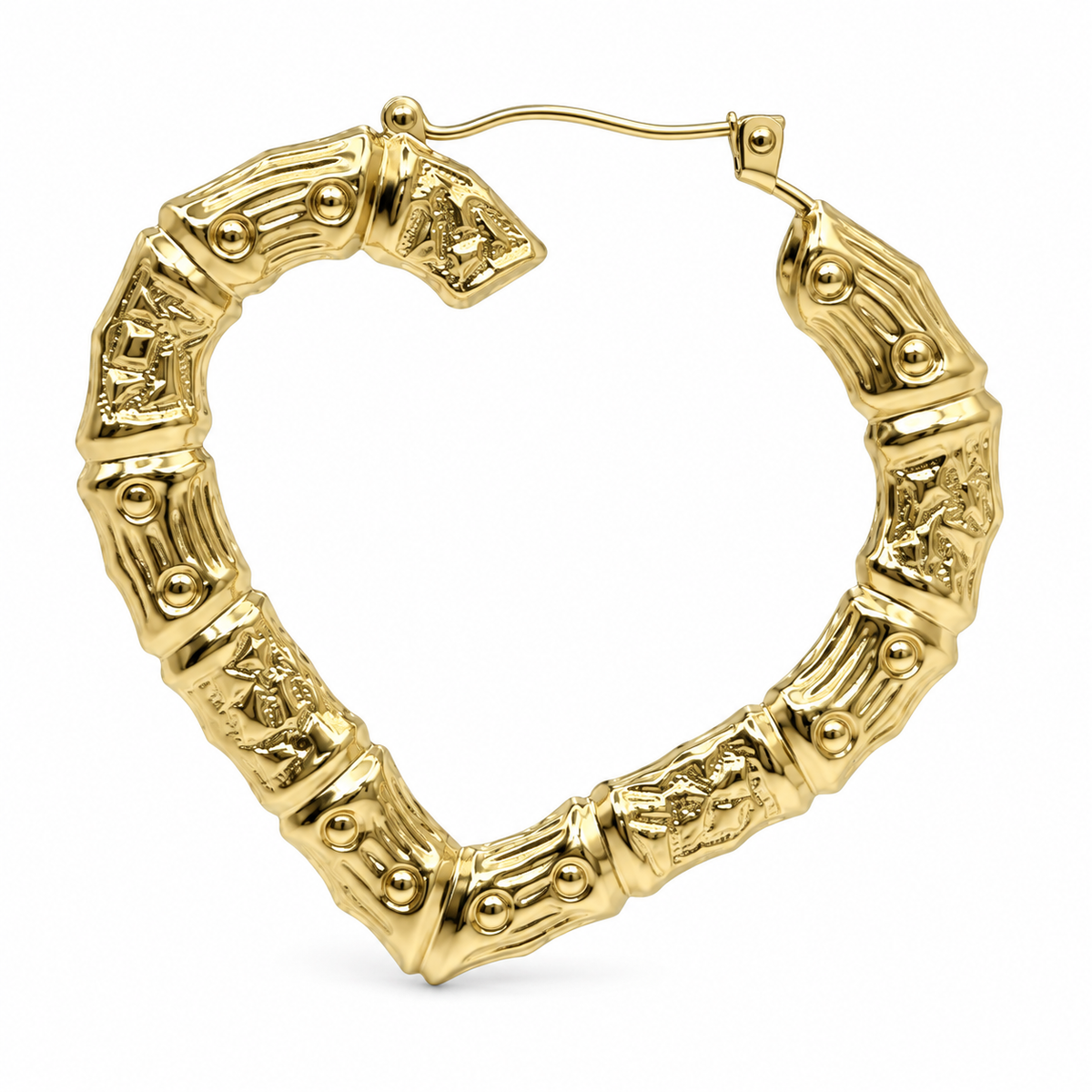 10K Yellow Gold 2.5" Bamboo Heart Hoop Earrings (2.5 inch) - macro detail