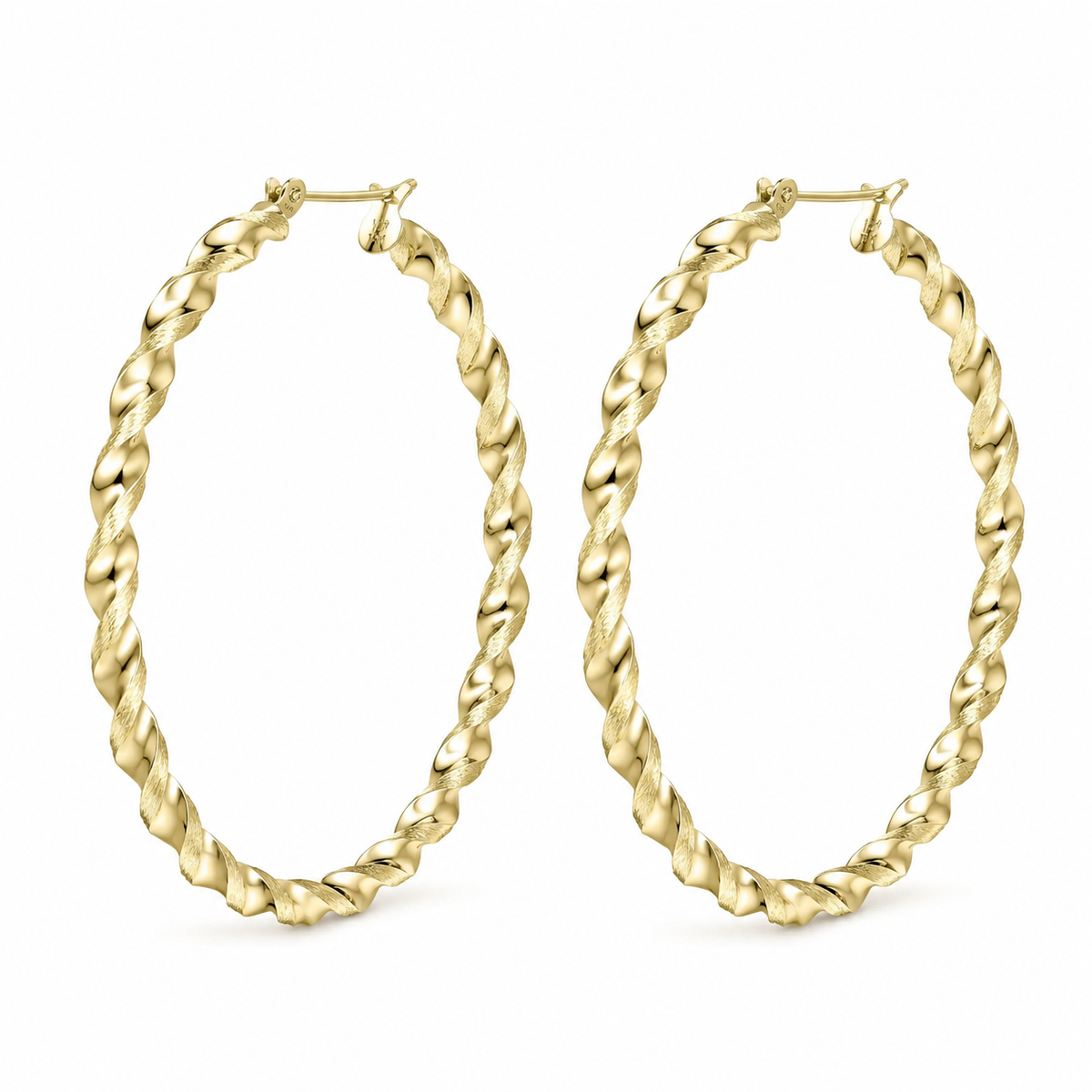 10K Yellow Gold 4.3mm Twist Hoop Earrings 3 inch - 45 degree view