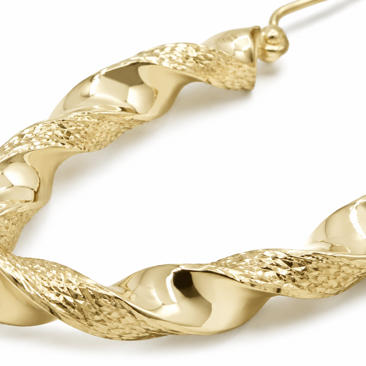10K Yellow Gold 4.3mm Twist Hoop Earrings 3 inch - macro detail