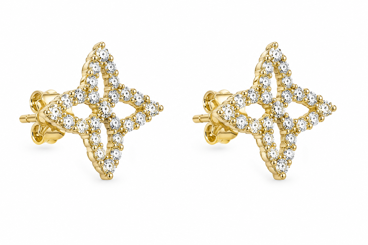 10K Yellow Gold 4 Point CZ Earrings - 45 degree view