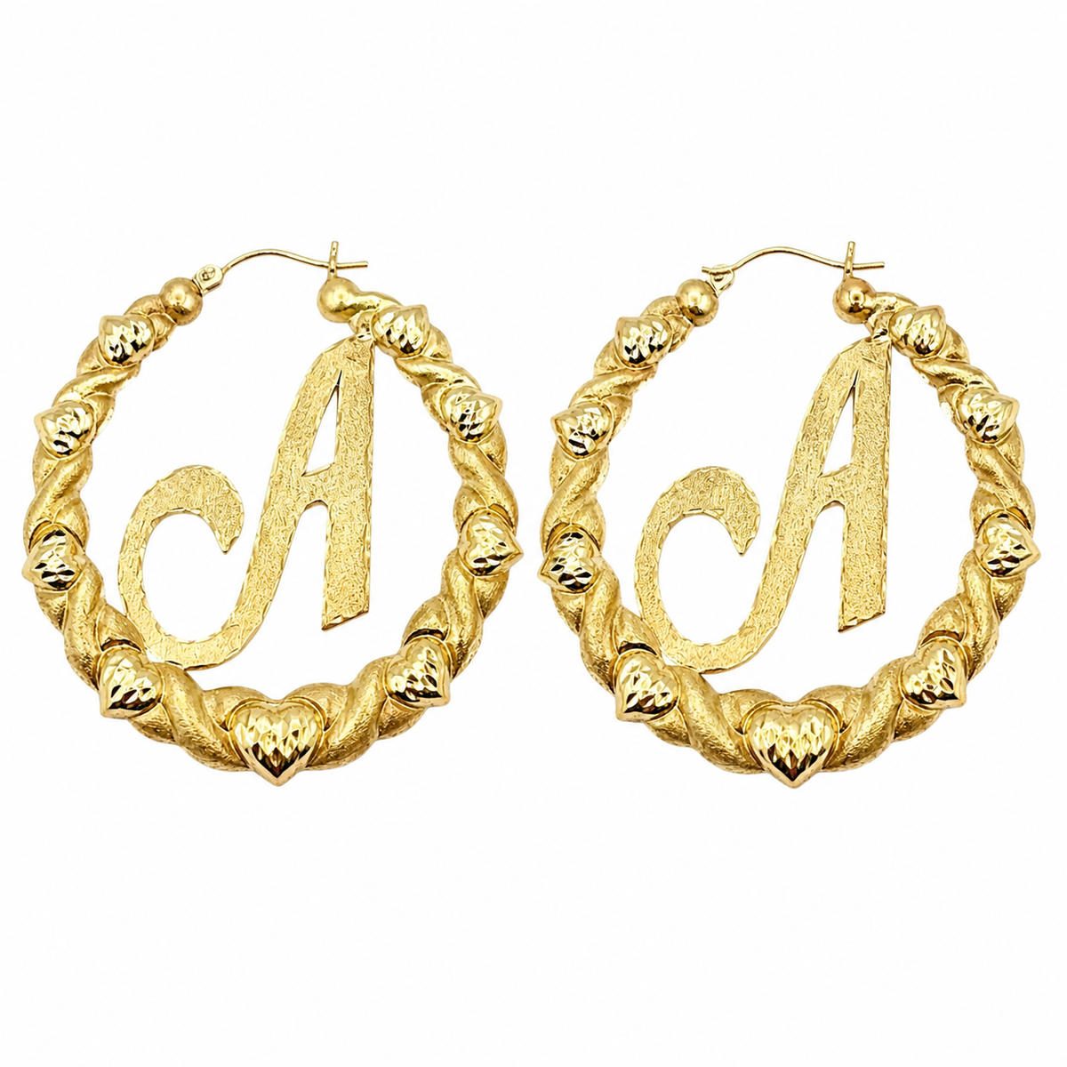 10K Yellow Gold All Heart Hoop Earrings 1.4" (with Custom Initial) - front view