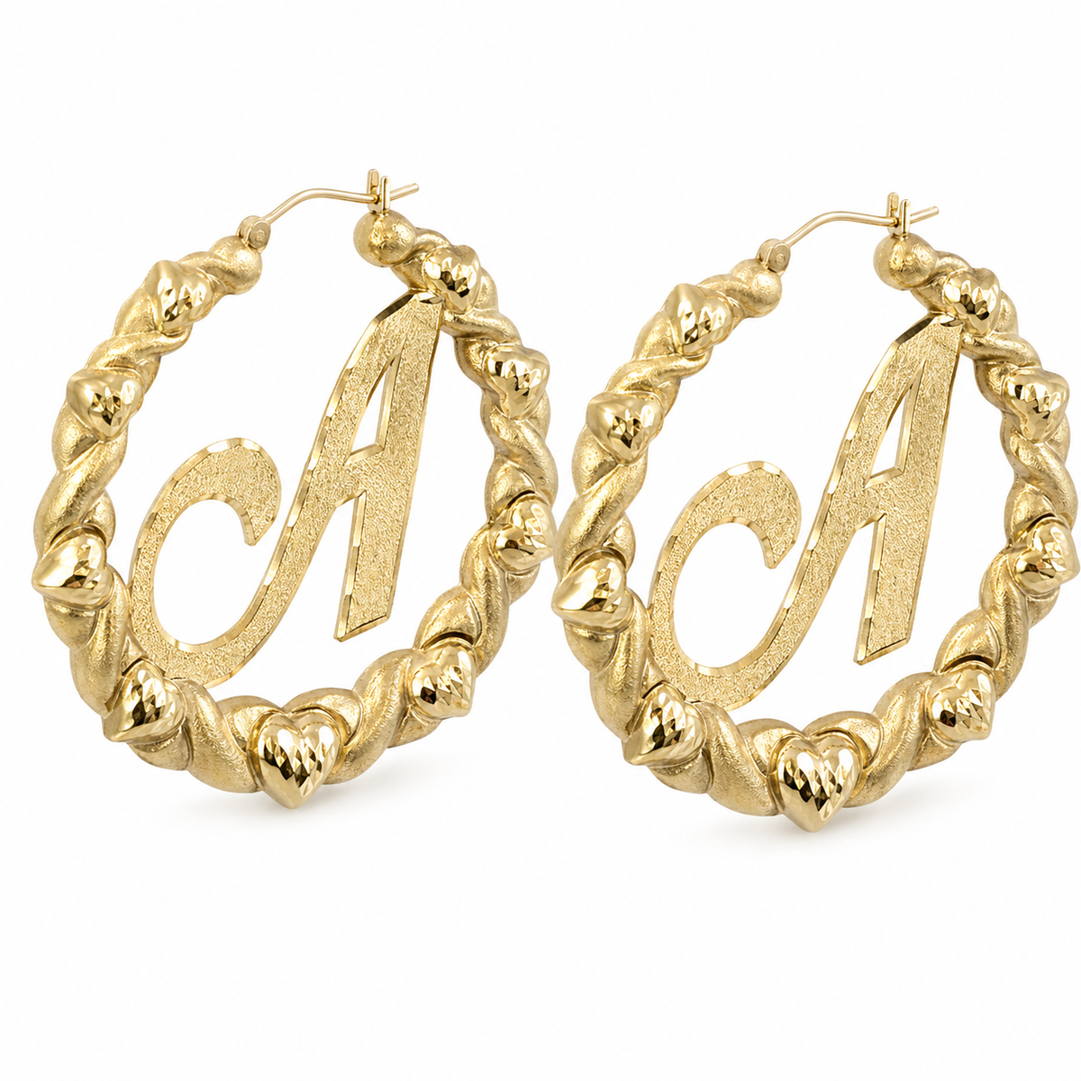 10K Yellow Gold All Heart Hoop Earrings 1.4" (with Custom Initial) - 45 degree view
