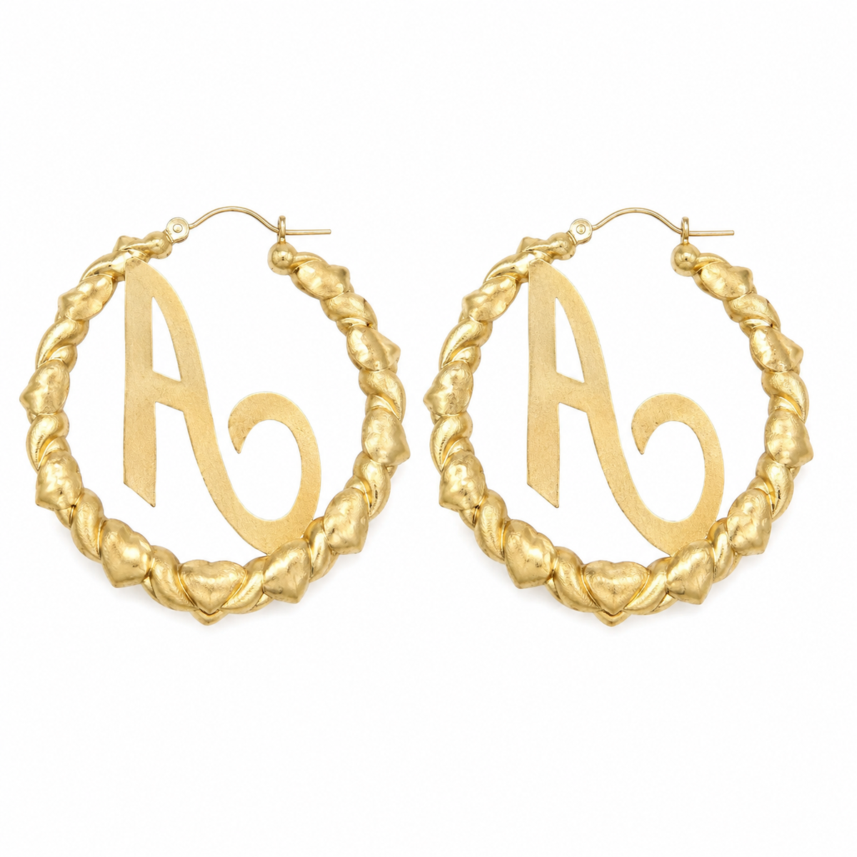 10K Yellow Gold All Heart Hoop Earrings 1.4" (with Custom Initial) - back view