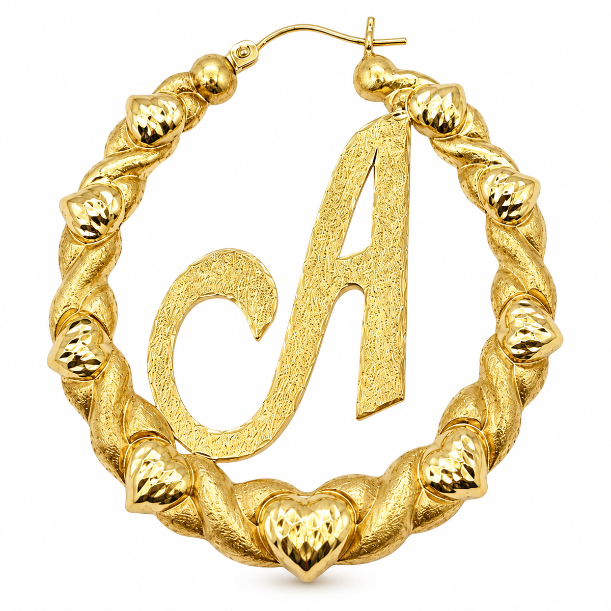 10K Yellow Gold All Heart Hoop Earrings 1.4 inch with Custom Initial - macro detail