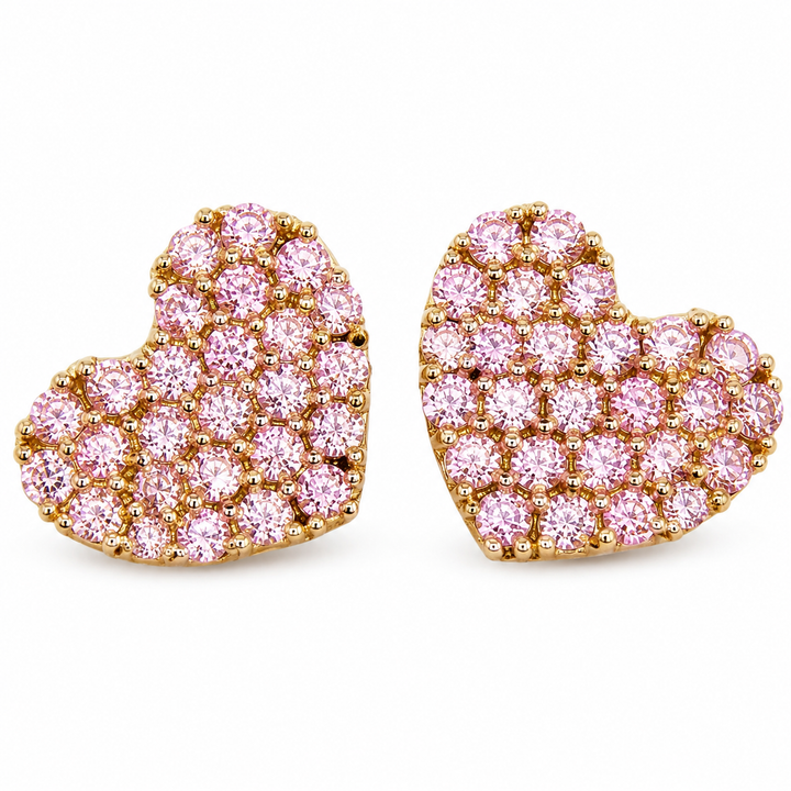 10K Yellow Gold BubbleGum CZ Pink Heart Earrings - front view