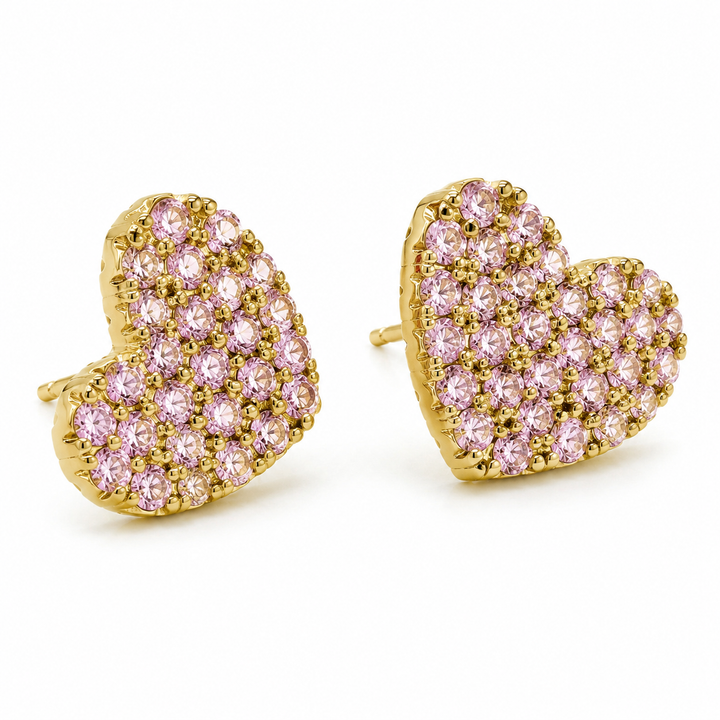 10K Yellow Gold BubbleGum CZ Pink Heart Earrings - front view