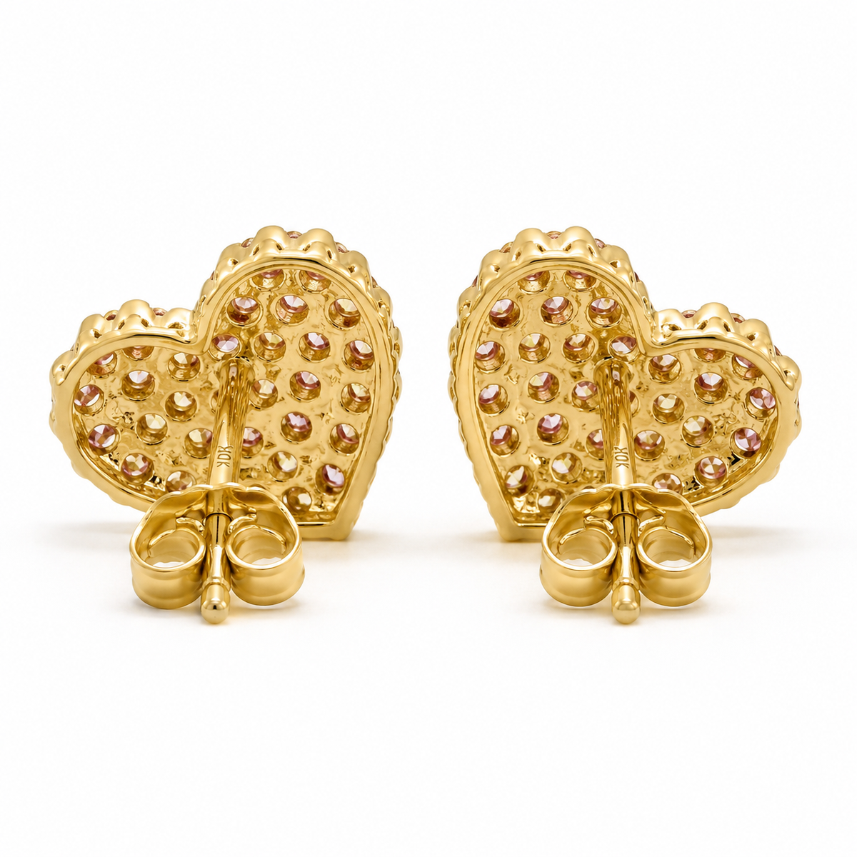 10K Yellow Gold BubbleGum CZ Pink Heart Earrings - back view