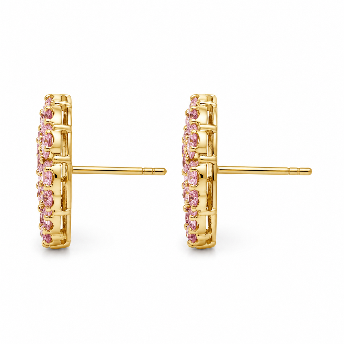 10K Yellow Gold BubbleGum CZ Pink Heart Earrings - side view