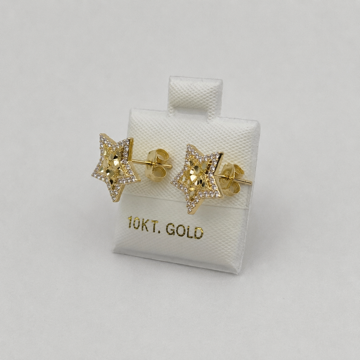 10K Yellow Gold CZ Border Star Nugget Earrings - front view
