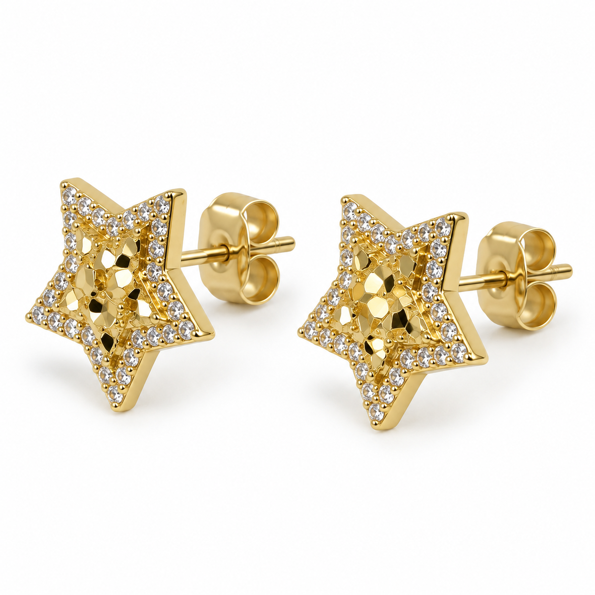 10K Yellow Gold CZ Border Star Nugget Earrings - 45 degree view