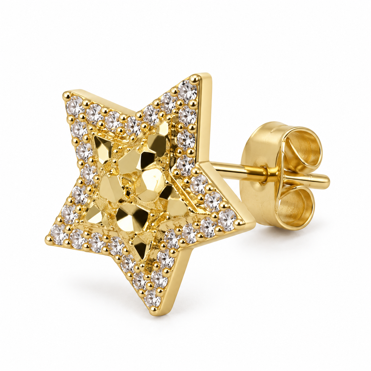 10K Yellow Gold CZ Border Star Nugget Earrings - macro detail