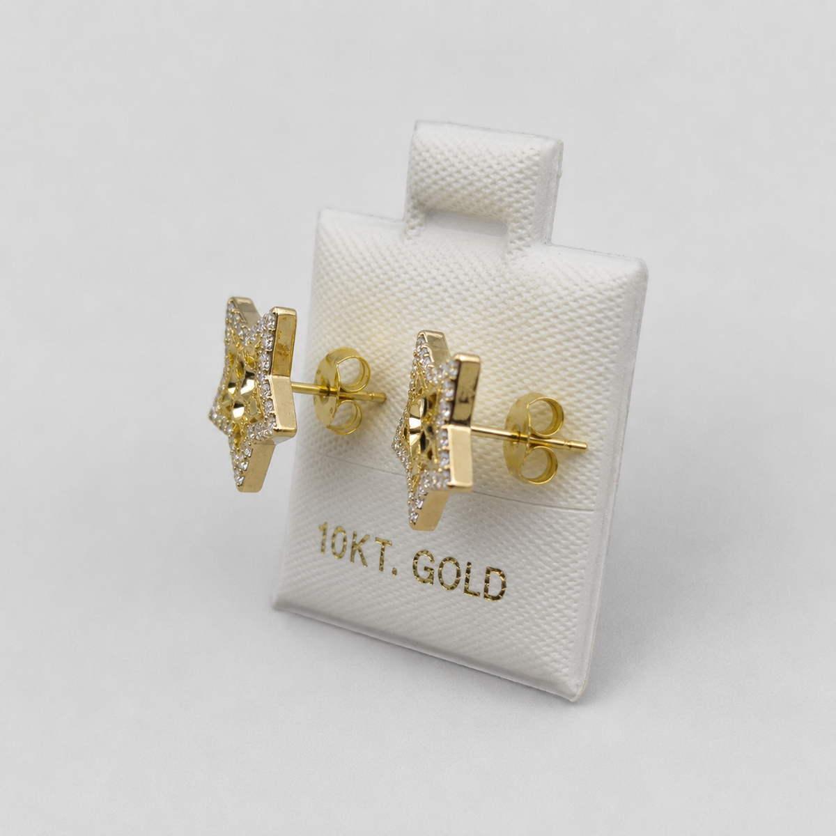 10K Yellow Gold CZ Border Star Nugget Earrings - side view