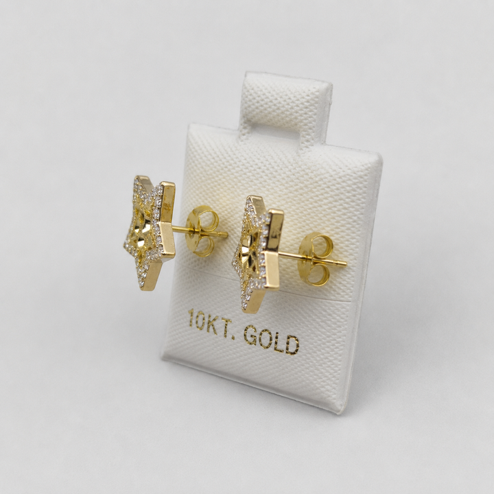 10K Yellow Gold CZ Border Star Nugget Earrings - front view