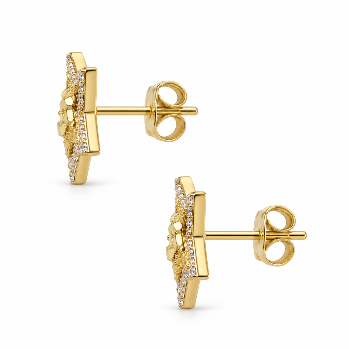 10K Yellow Gold CZ Border Star Nugget Earrings - side view