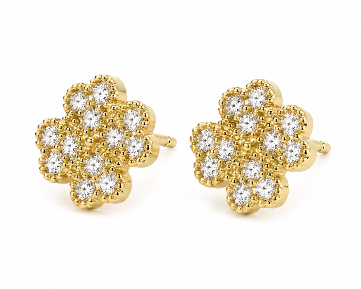 10K Yellow Gold CZ Clover Earrings (M) - 45 degree view
