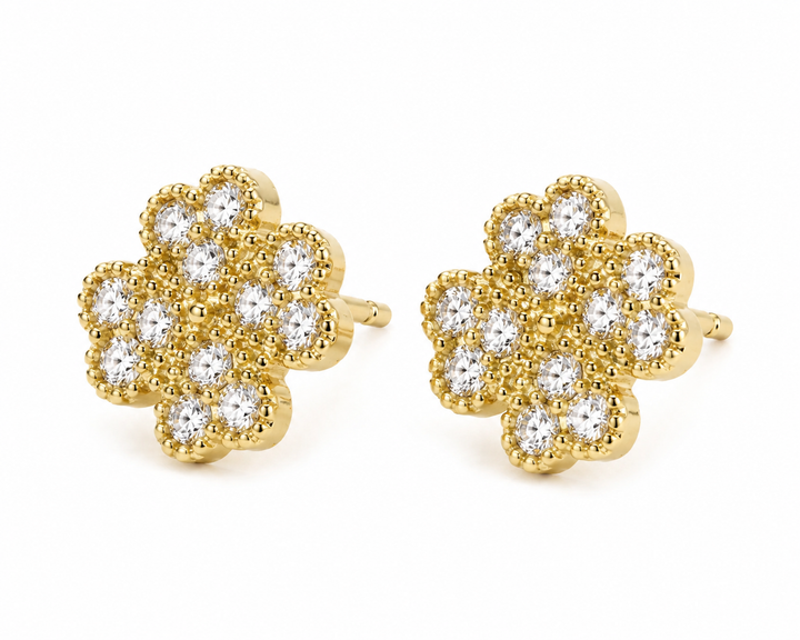 10K Yellow Gold CZ Clover Earrings (M) - front view