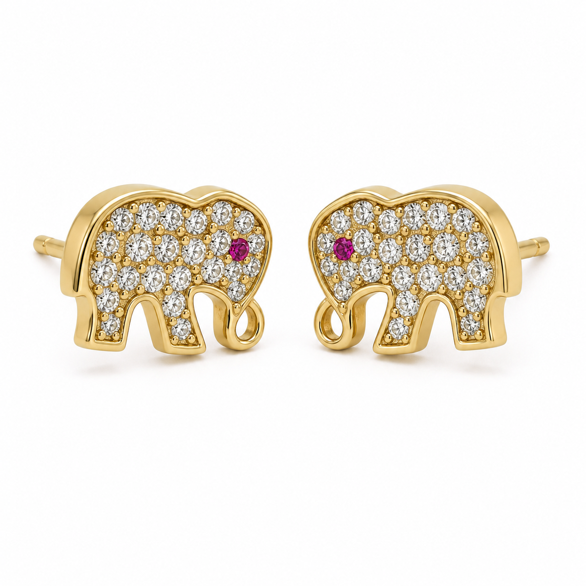 10K Yellow Gold CZ Elephant Earrings - 45 degree view