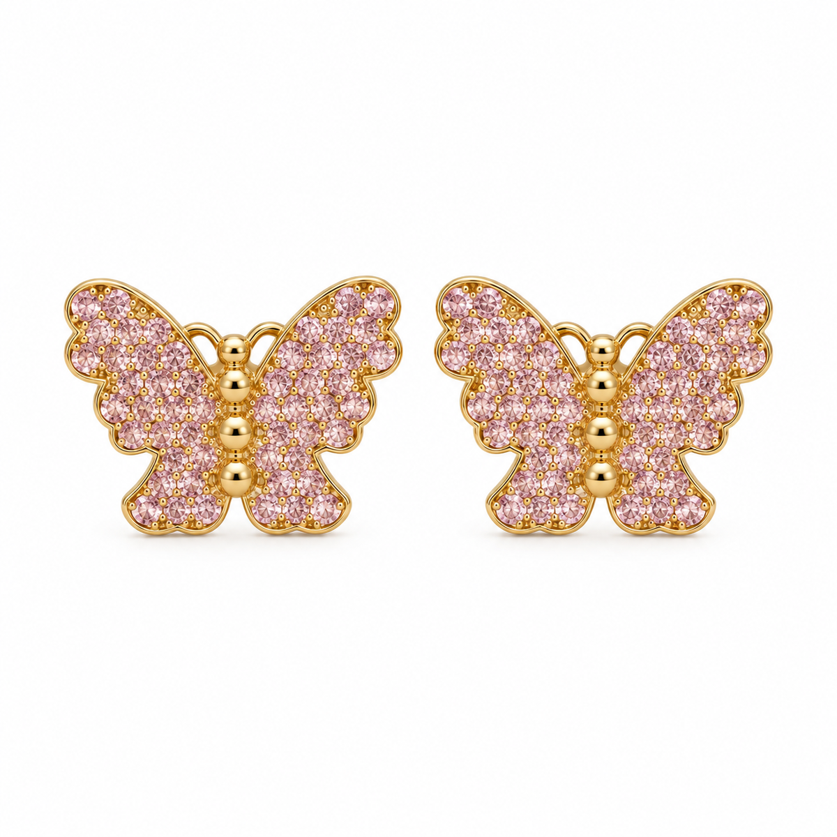 10K Yellow Gold CZ Pink Butterfly Earrings - front view