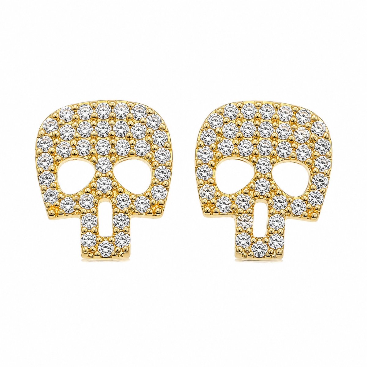 10K Yellow Gold CZ Skull Earrings (Screwback) - front view