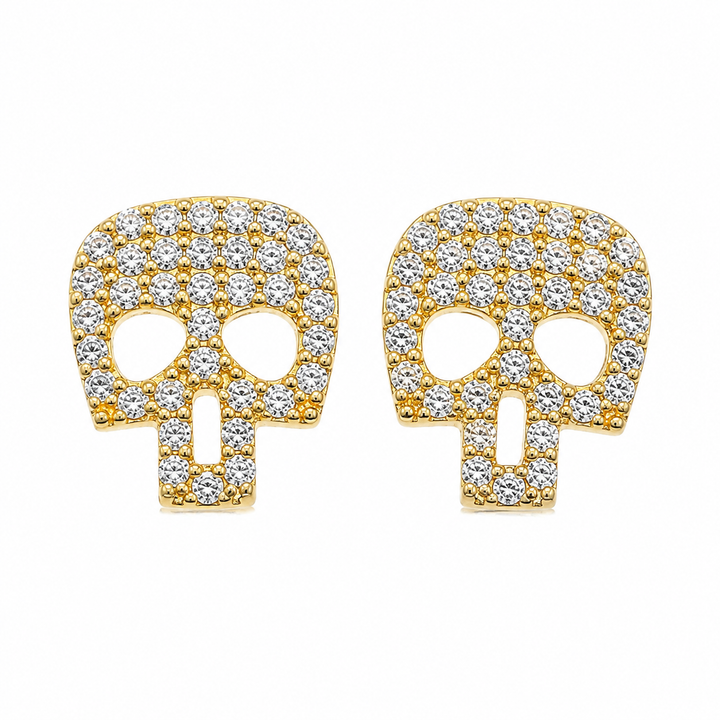 10K Yellow Gold CZ Skull Earrings (Screwback) - front view