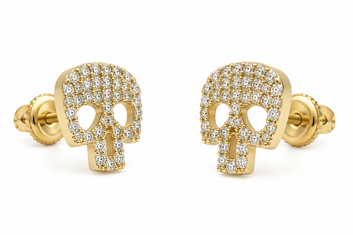 10K Yellow Gold CZ Skull Earrings (Screwback) - 45 degree view