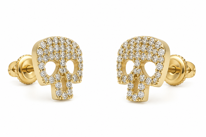 10K Yellow Gold CZ Skull Earrings (Screwback) - front view
