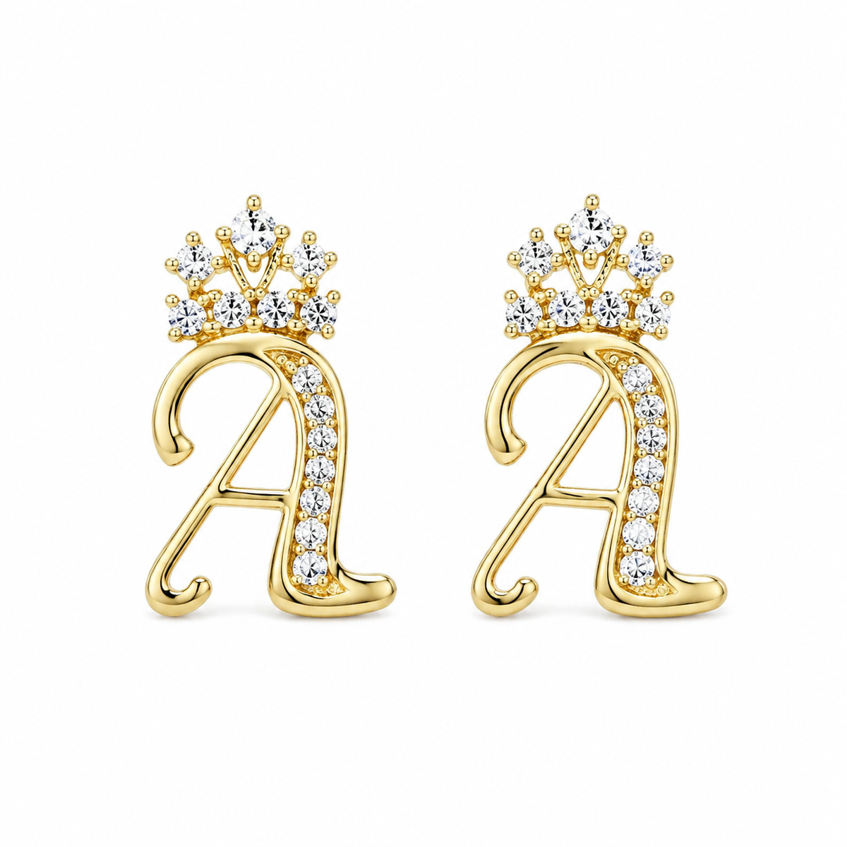 10K Yellow Gold Cursive Initial Earrings with Crown - front view
