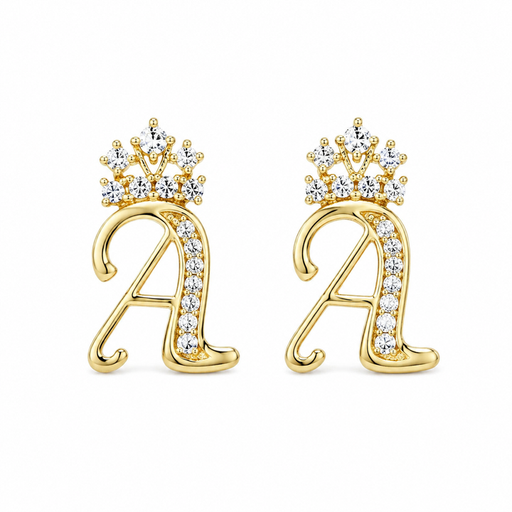 10K Yellow Gold Cursive Initial Earrings with Crown - front view