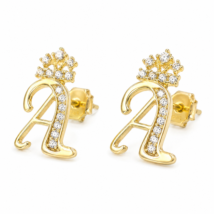 10K Yellow Gold Cursive Initial Earrings with Crown - front view