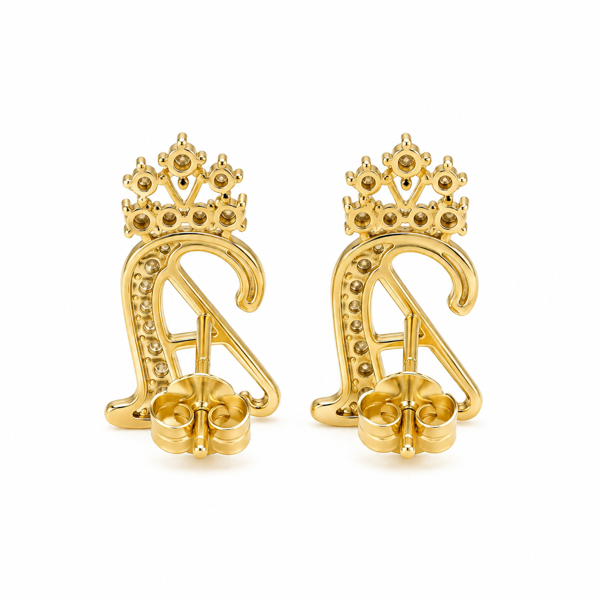 10K Yellow Gold Cursive Initial Earrings with Crown - back view