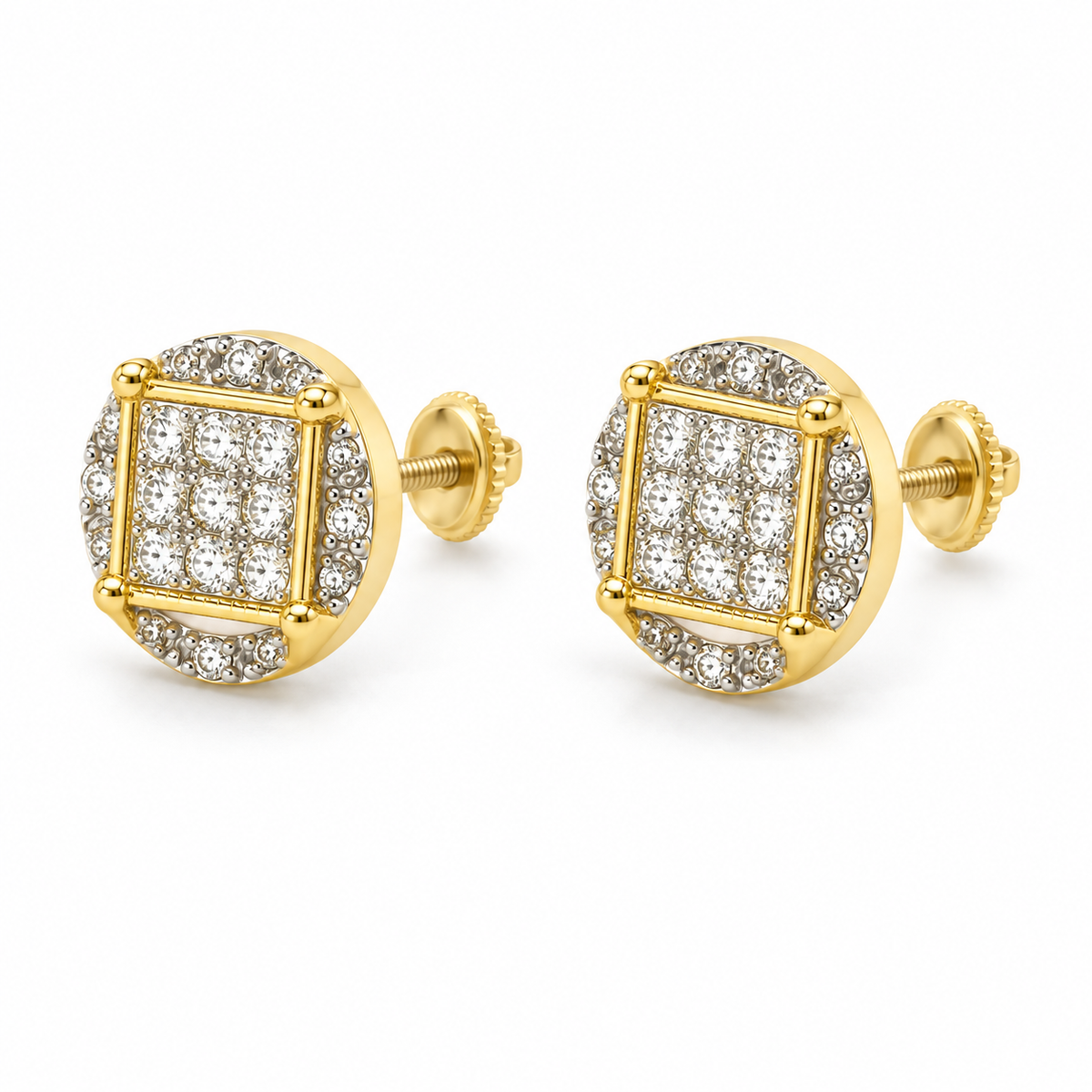 10K Yellow Gold Diamond Disc Earrings (Screwback Earrings) - 45 degree view