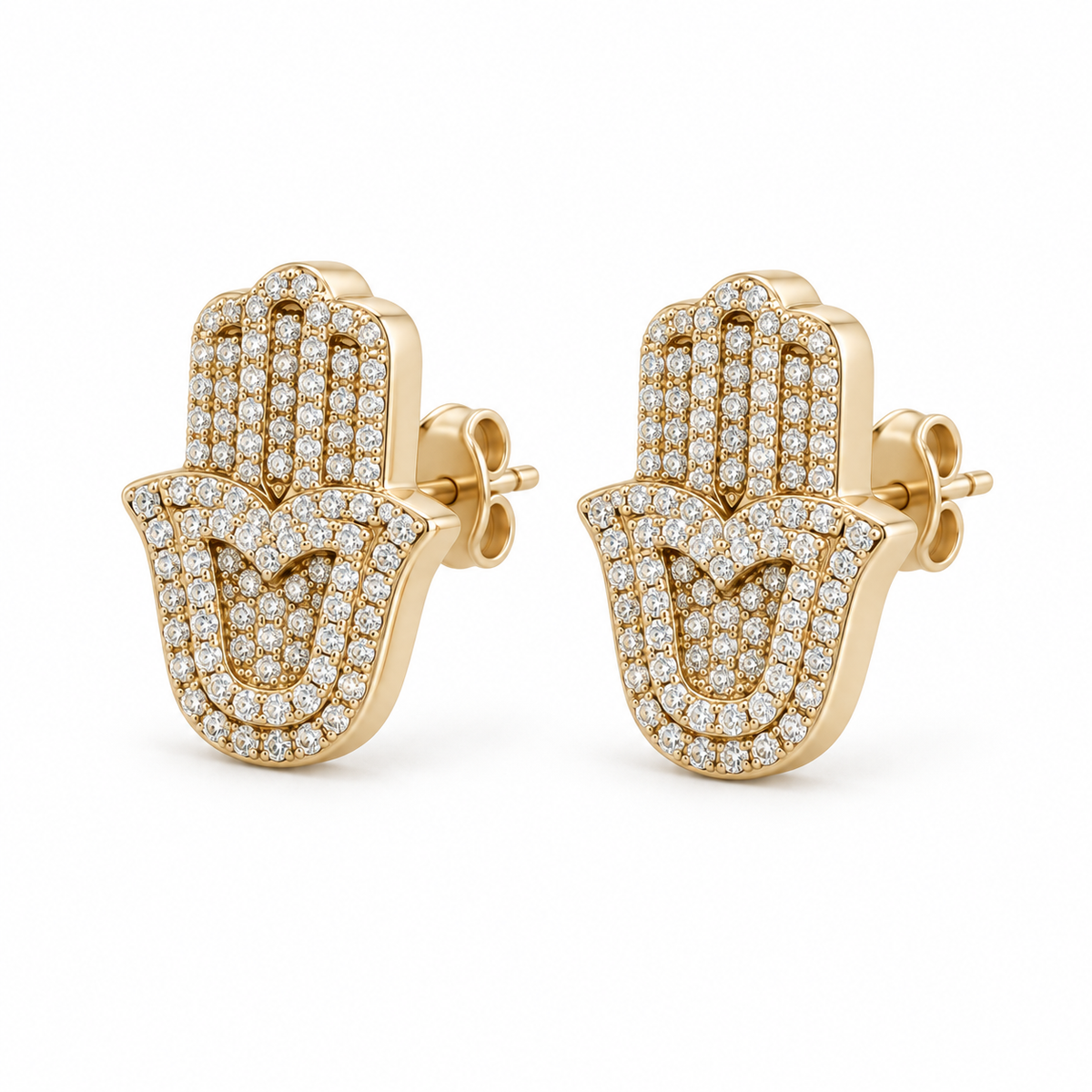 10K Yellow Gold Diamond Hamza Earring Studs - 45 degree view