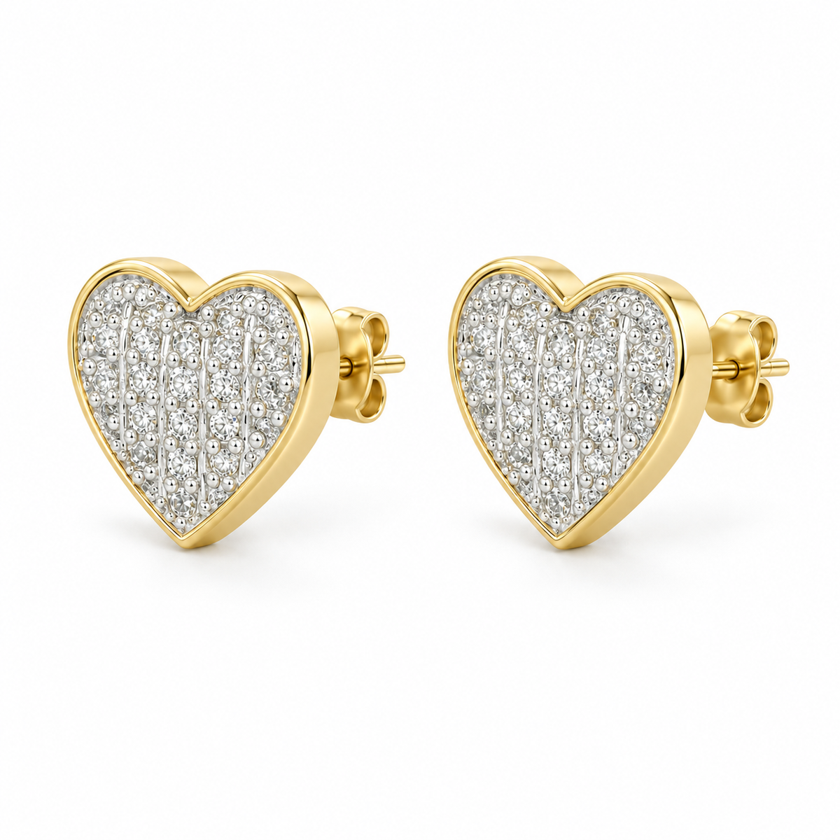10K Yellow Gold Diamond Heart Earrings - 45 degree view