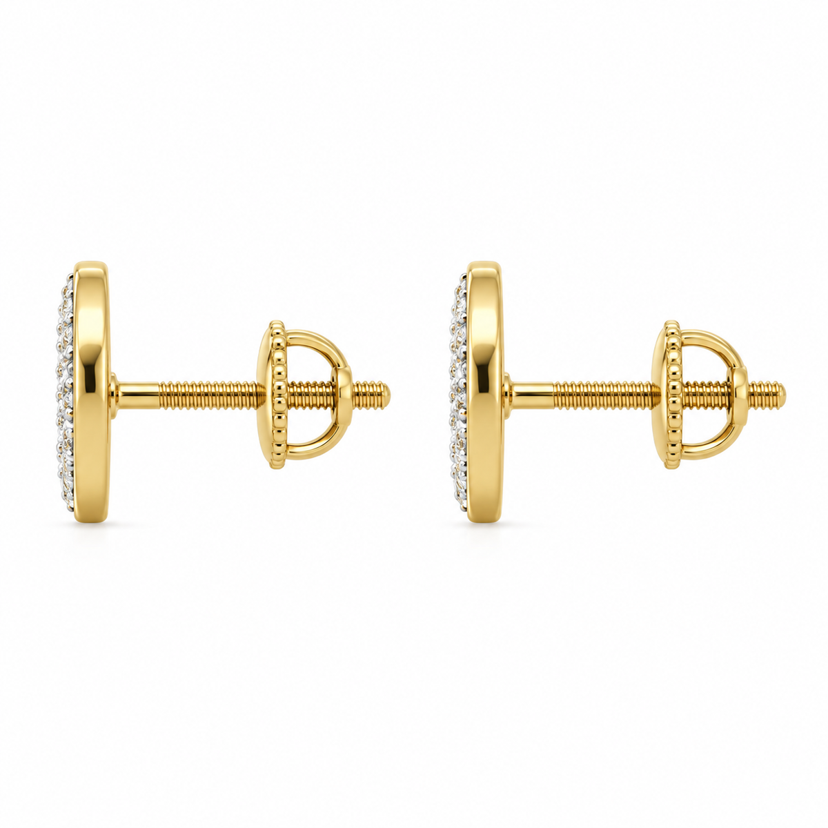 10K Yellow Gold Diamond Round Flat Earrings (Screwback) - side view