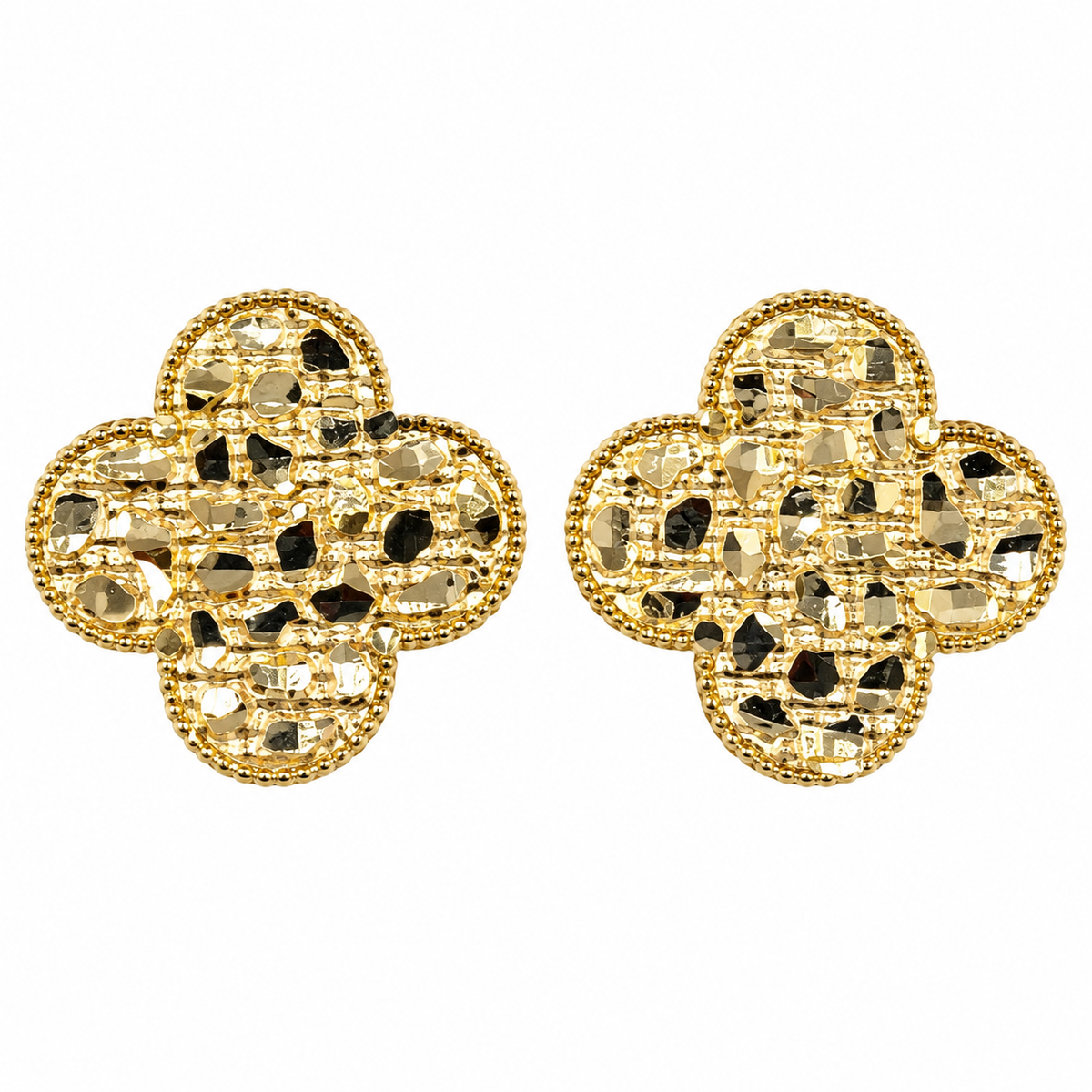 10K Yellow Gold Flat Clover Nugget Earrings - front view
