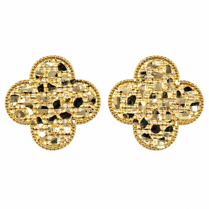 10K Yellow Gold Flat Clover Nugget Earrings - front view
