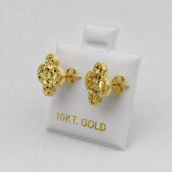 10K Yellow Gold Flat Clover Nugget Earrings - front view
