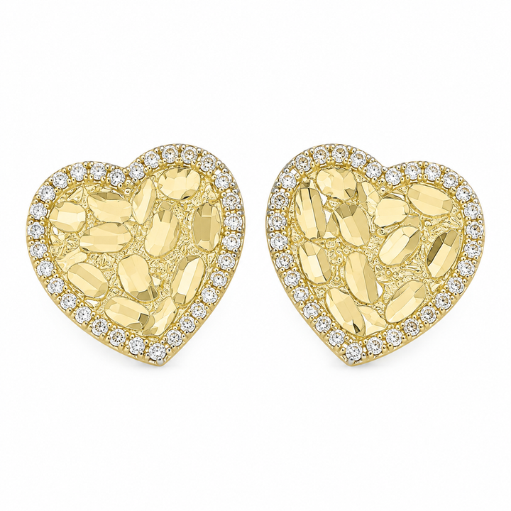 10K Yellow Gold Flat Heart Nugget CZ Border Earrings