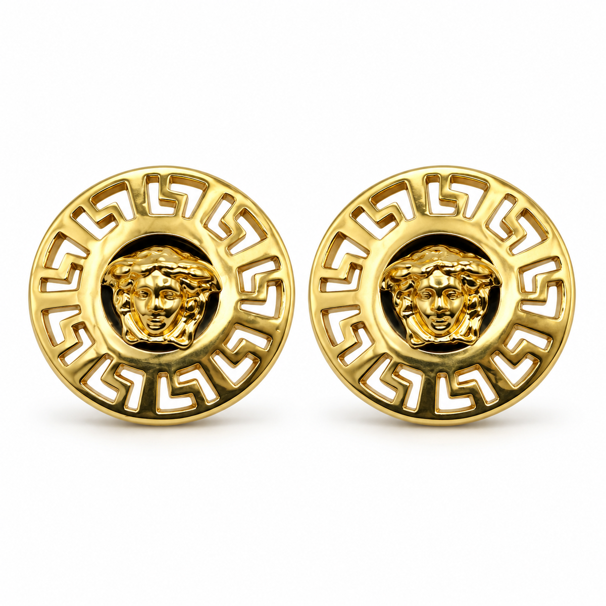 10K Yellow Gold Greek Medusa Earrings - front view